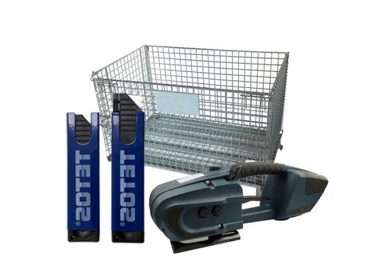 Betriebsausstattung Metallkorb, zwei blaue Batterien und ein elektrischer Hobel.