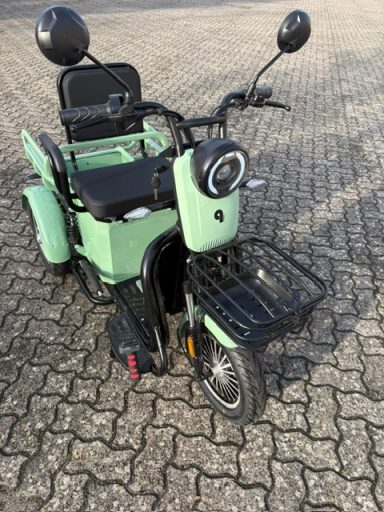 E-Beförderung Dreirädriger Elektroroller in mintgrün mit Frontkorb und hohen Rückspiegeln.